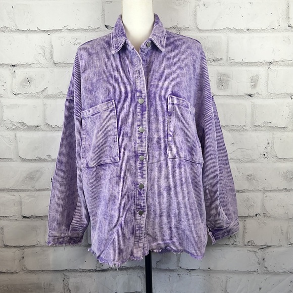 POL High-Low Relaxed Fit Corduroy Button Down Jacket Royal Purple - Picture 3 of 13